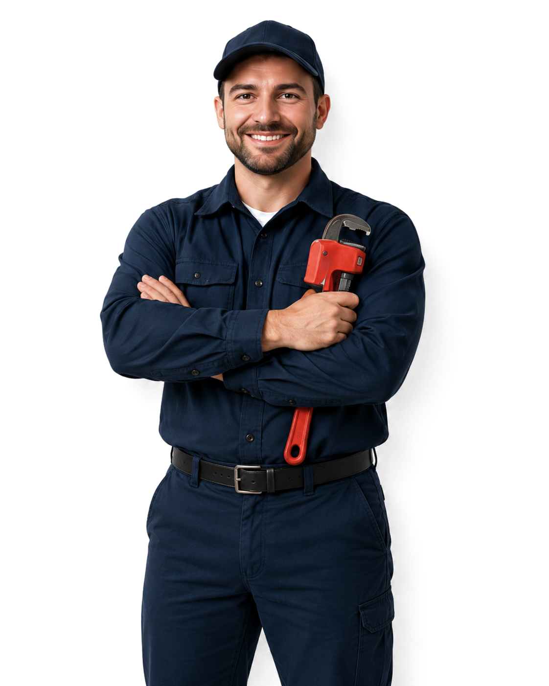 Smiling plumber in dark blue uniform holding a red pipe wrench