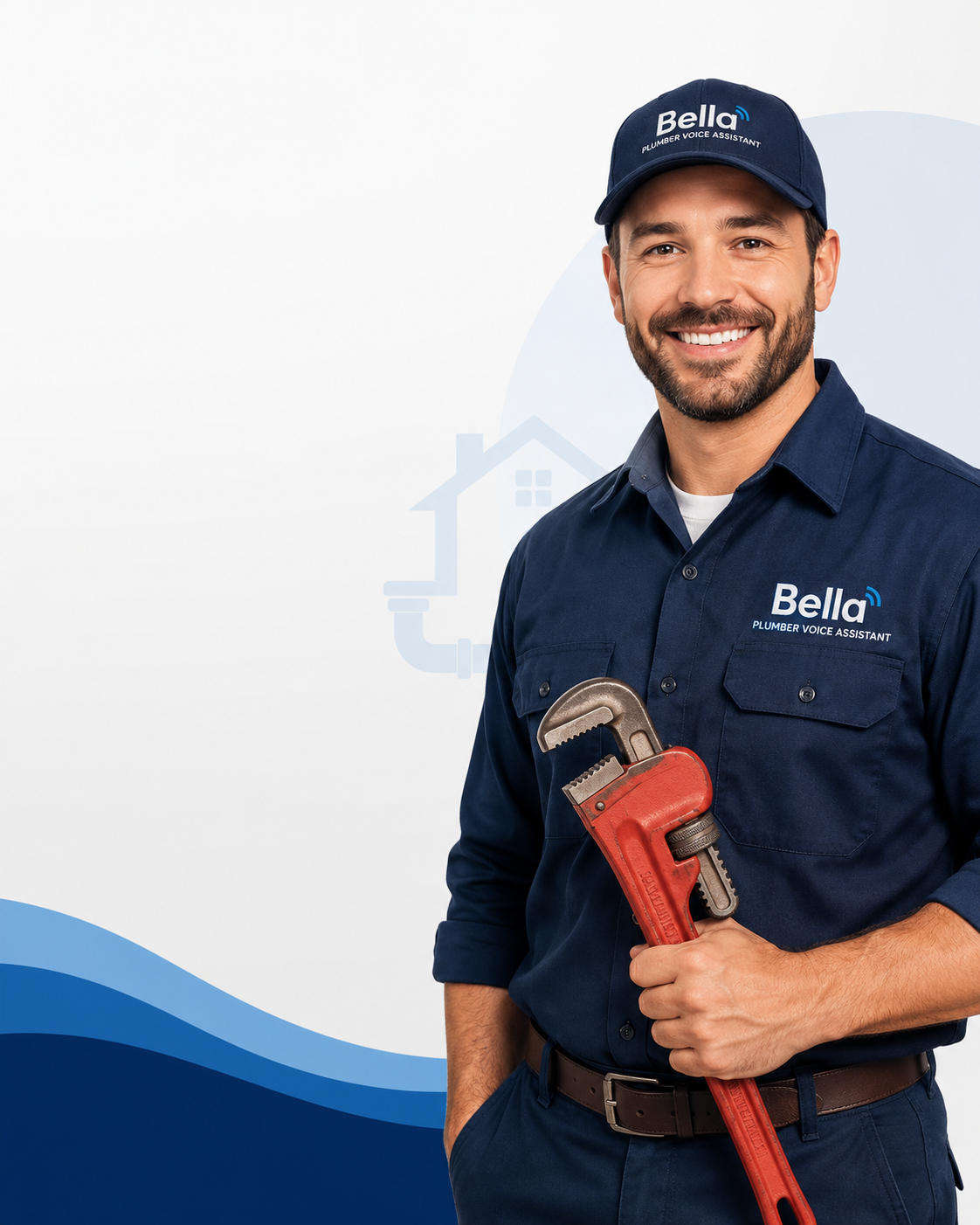 Smiling plumber in Bella branded uniform holding a pipe wrench